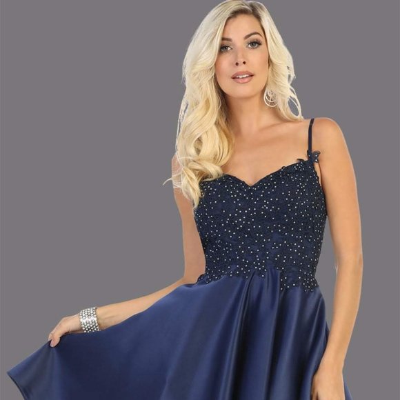 Short Formal Dress - Navy Lace Jeweled - Picture 1 of 4